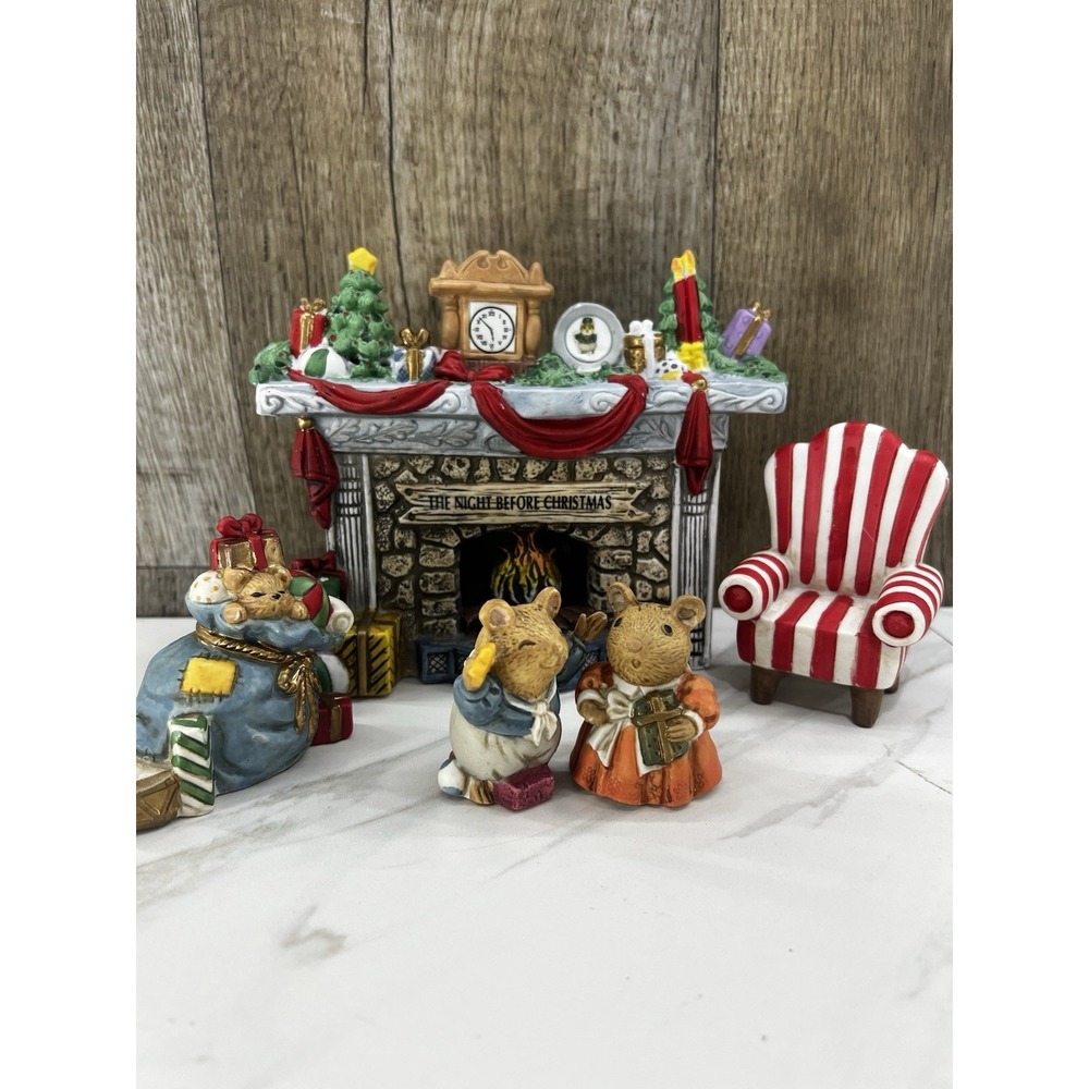 Vtg MINT QVC Lighted Fireplace With Mice Figurines H4816 Original Styrofoam